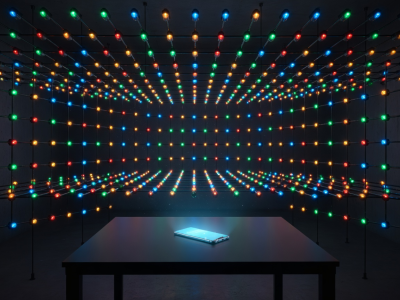 A glowing mobile phone controlling an array of LED lights