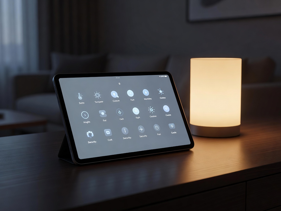 A smart home controller tablet next to a glowing light