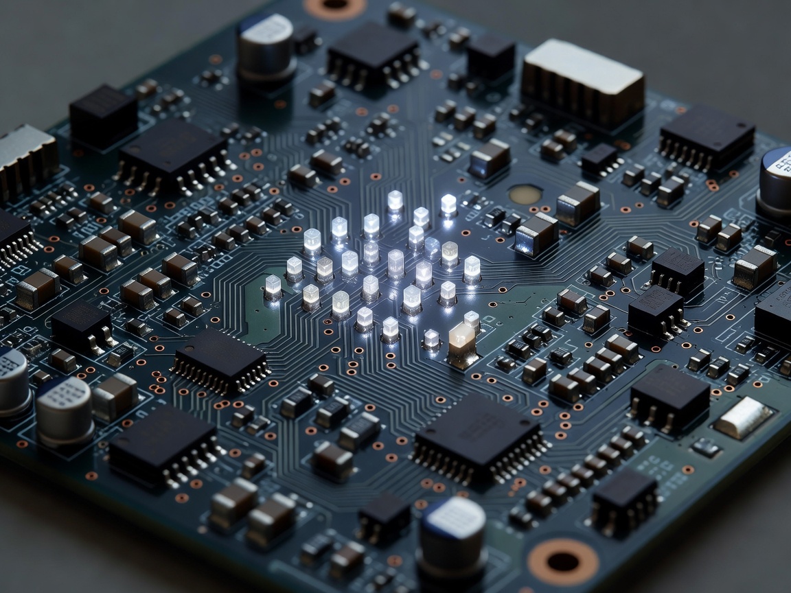 An LED circuit board glowing faintly