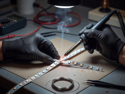 Hands soldering copper pads on a flexible LED strip
