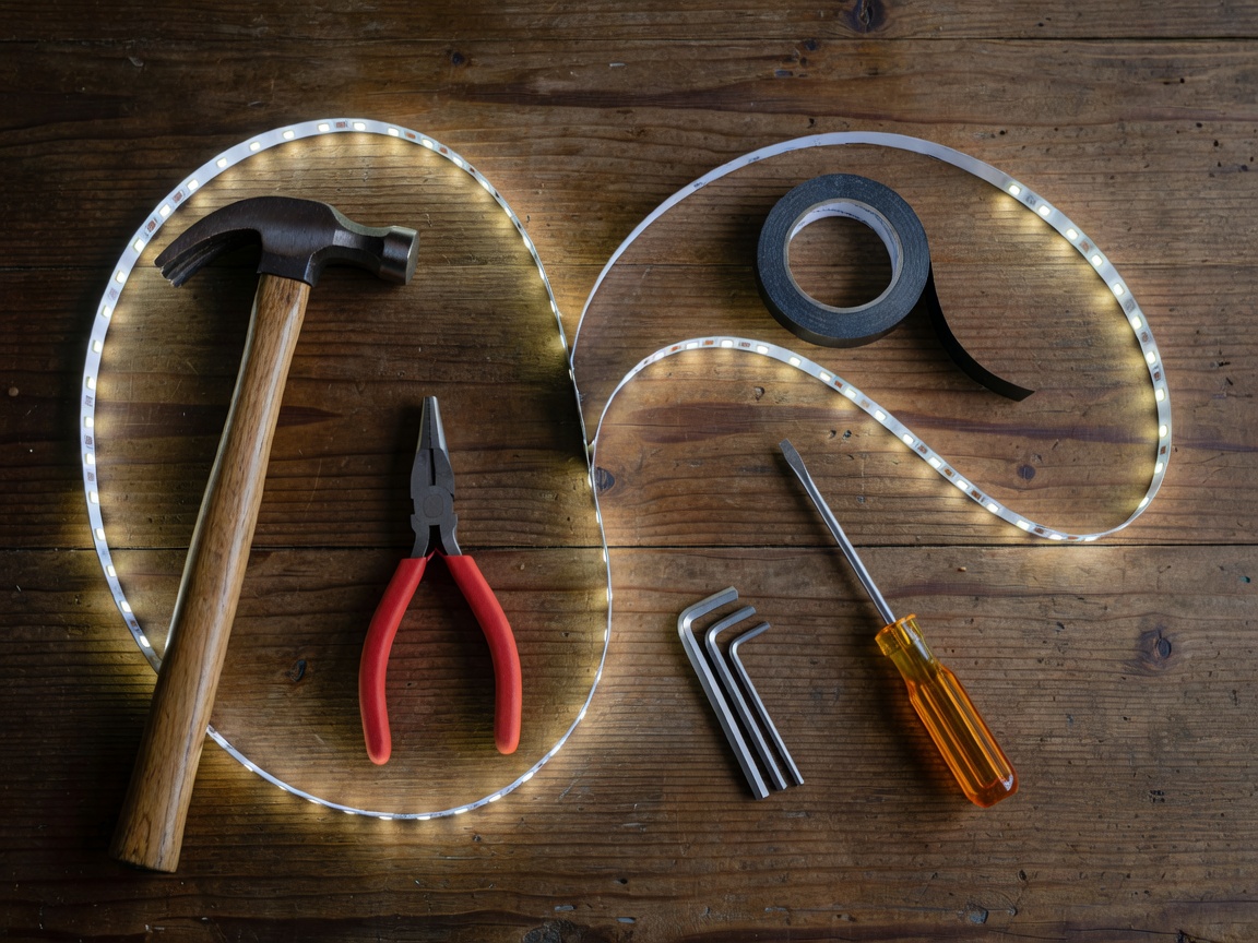 Tools and an LED light strip laid out on a table